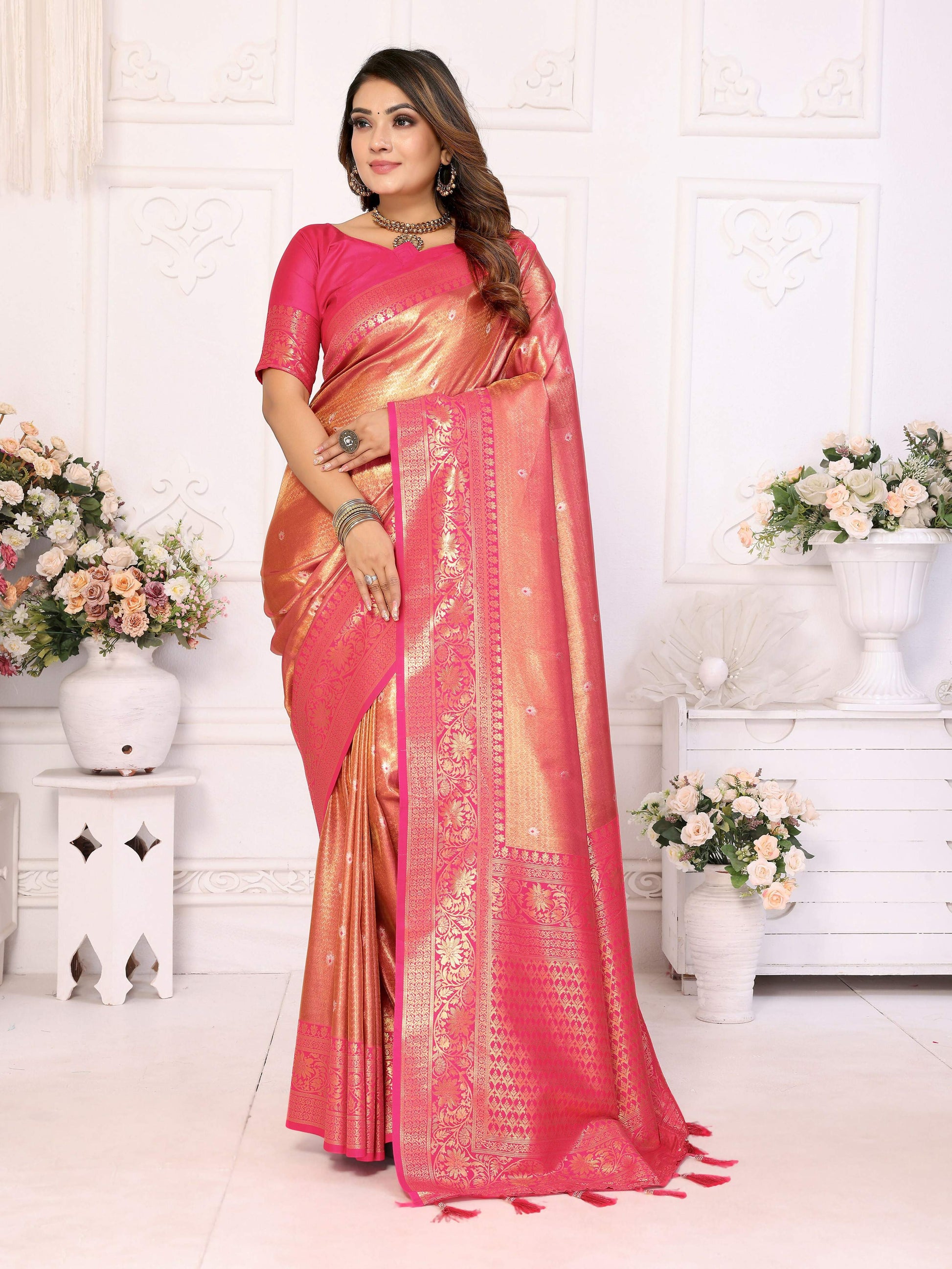 Aastha Fashion Pink Tissue Silk Weaving Saree - Distacart