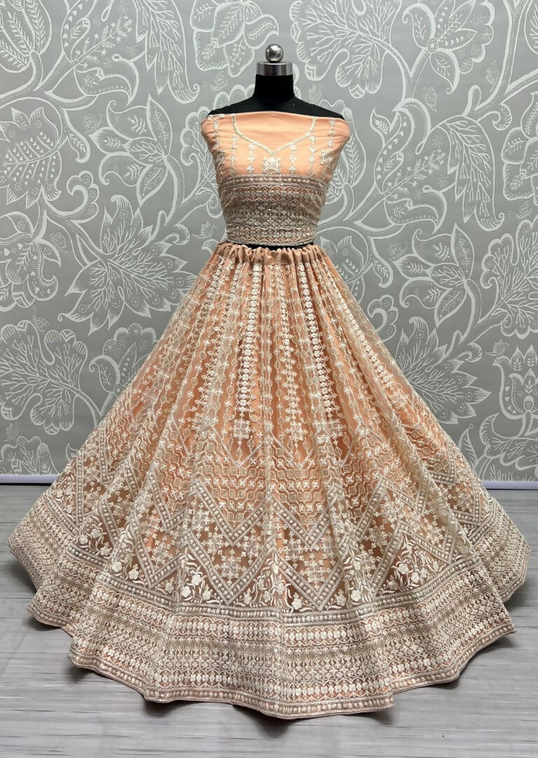 Jyoti Fashion Women's Peach Net Patterned Thread Embroidered with Sequins Wedding Lehenga Choli - Distacart