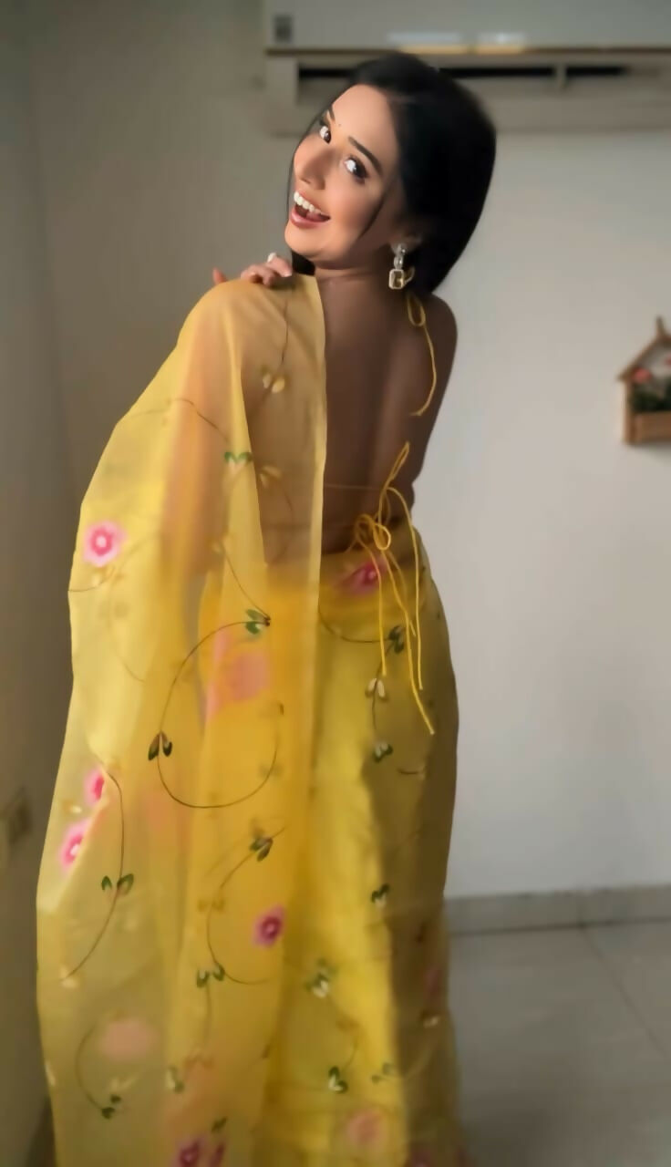Malishka Organza Silk Printed Ready To Wear Saree With Blouse Piece - Yellow - Distacart