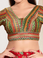 Thumbnail for Joban Fashion Green Multi Brocade Padded Blouse With V Neck Elbow Sleeves - Distacart