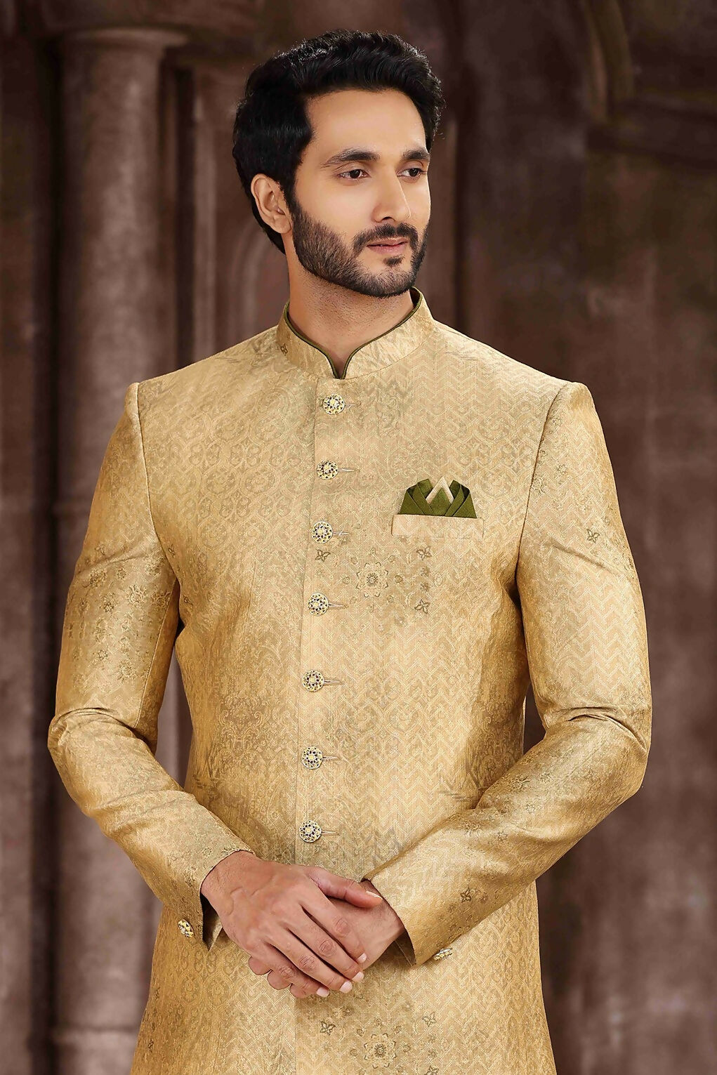 Raivat Ethnic Art Silk Digital Print Sherwani In Yellow Colour
