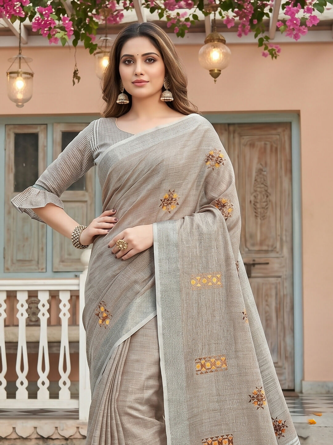 Shree Shyam Fashion Light Beige Linen Saree - Dista