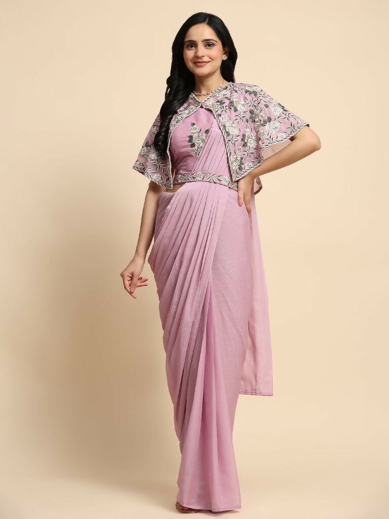 Pink Chiffon Solid Ready to wear Saree with stitched Blouse - Aayan - Distacart