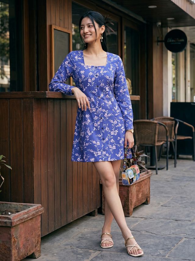 Janasya Royal Blue Panelled Rayon Blend Dress - Dista
