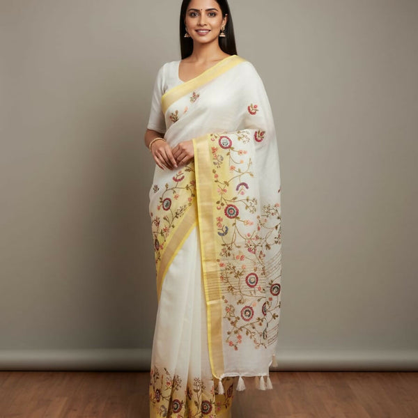 Morchari White Mal Chanderi With All Over Kantha Hand Work Saree - Distacart