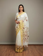 Thumbnail for Morchari White Mal Chanderi With All Over Kantha Hand Work Saree - Distacart