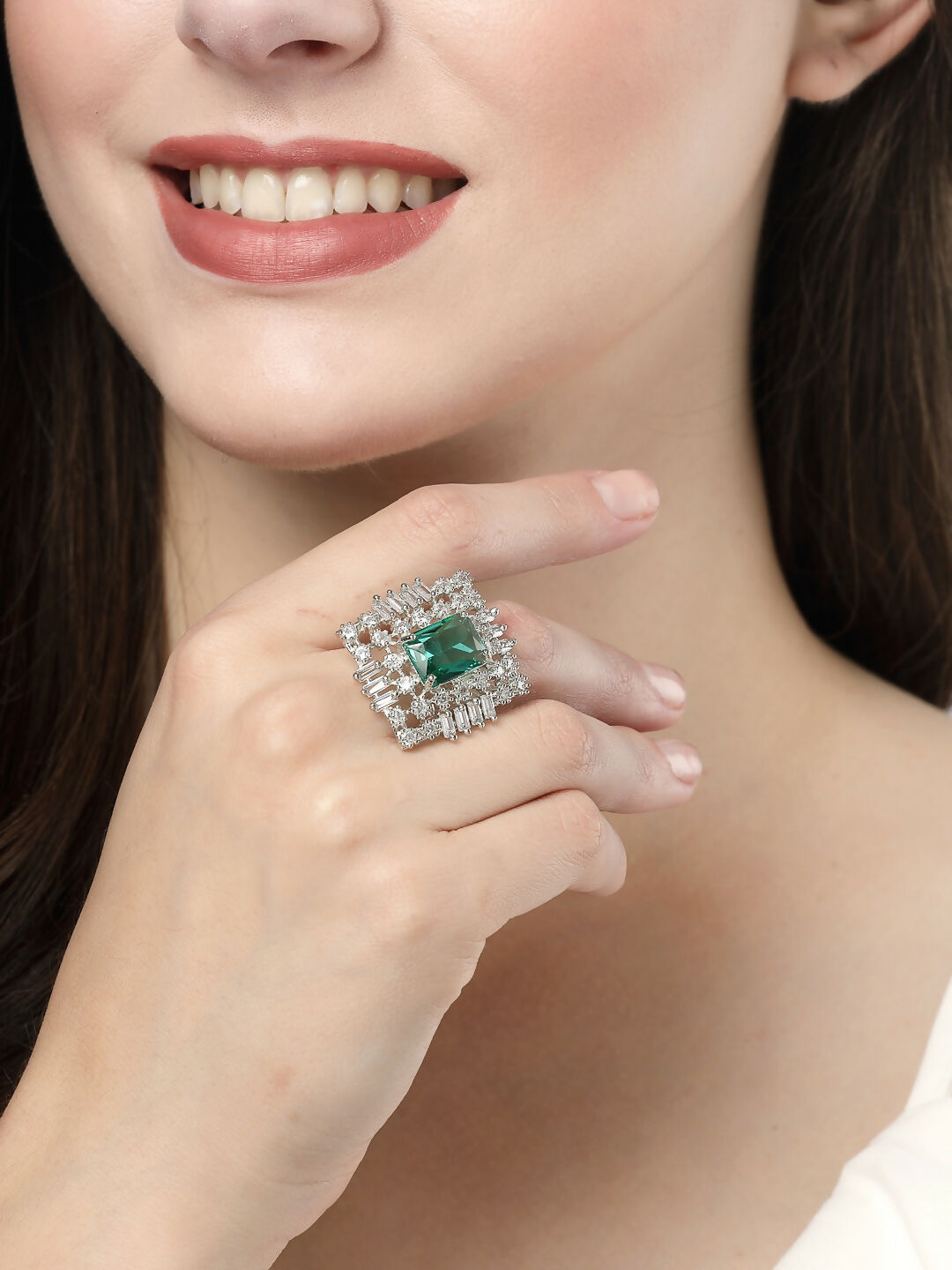 NVR Women's Green & Silver CZ-Studded Square-Shaped Adjustable Finger Ring - Distacart