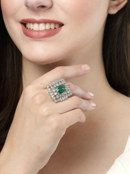 NVR Women's Green & Silver CZ-Studded Square-Shaped Adjustable Finger Ring - Distacart