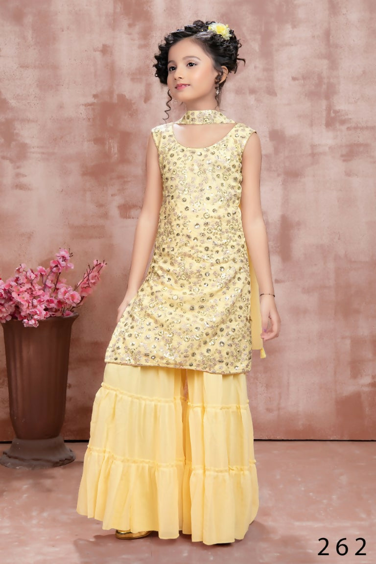 Kids Wedding Designer Yellow Fox Georgette Sharara Suit - Aaradhna - Distacart