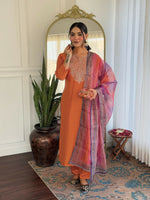 Thumbnail for The52 Orange Women's Gorgeous Embroidered Rayon Fabric with Straight Kurta, Pant and Dupatta Set - Distacart