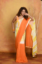 Thumbnail for Very Much Indian Tie & Dye Handloom Mul Cotton Saree - Orange Yellow - Distacart
