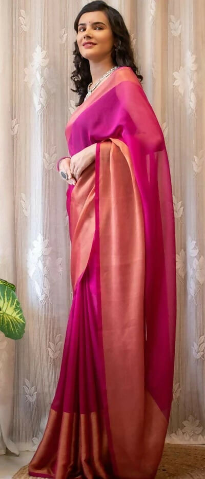 Malishka Chiffon Woven Boarder Ready To Wear Saree With Blouse Piece - Pink - Distacart