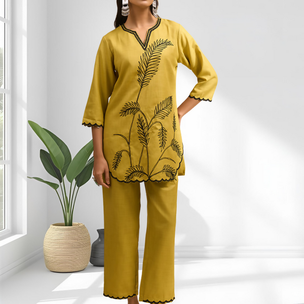 Joban Fashion Yellow Cotton, Linen Embroidered Readymade Cord Set - Distacart