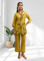 Thumbnail for Joban Fashion Yellow Cotton, Linen Embroidered Readymade Cord Set - Distacart