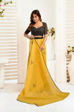 Thumbnail for Vastranavya Mustard Digital Printed Linen Ready To Wear Designer Saree with Unstitched Blouse - Distacart