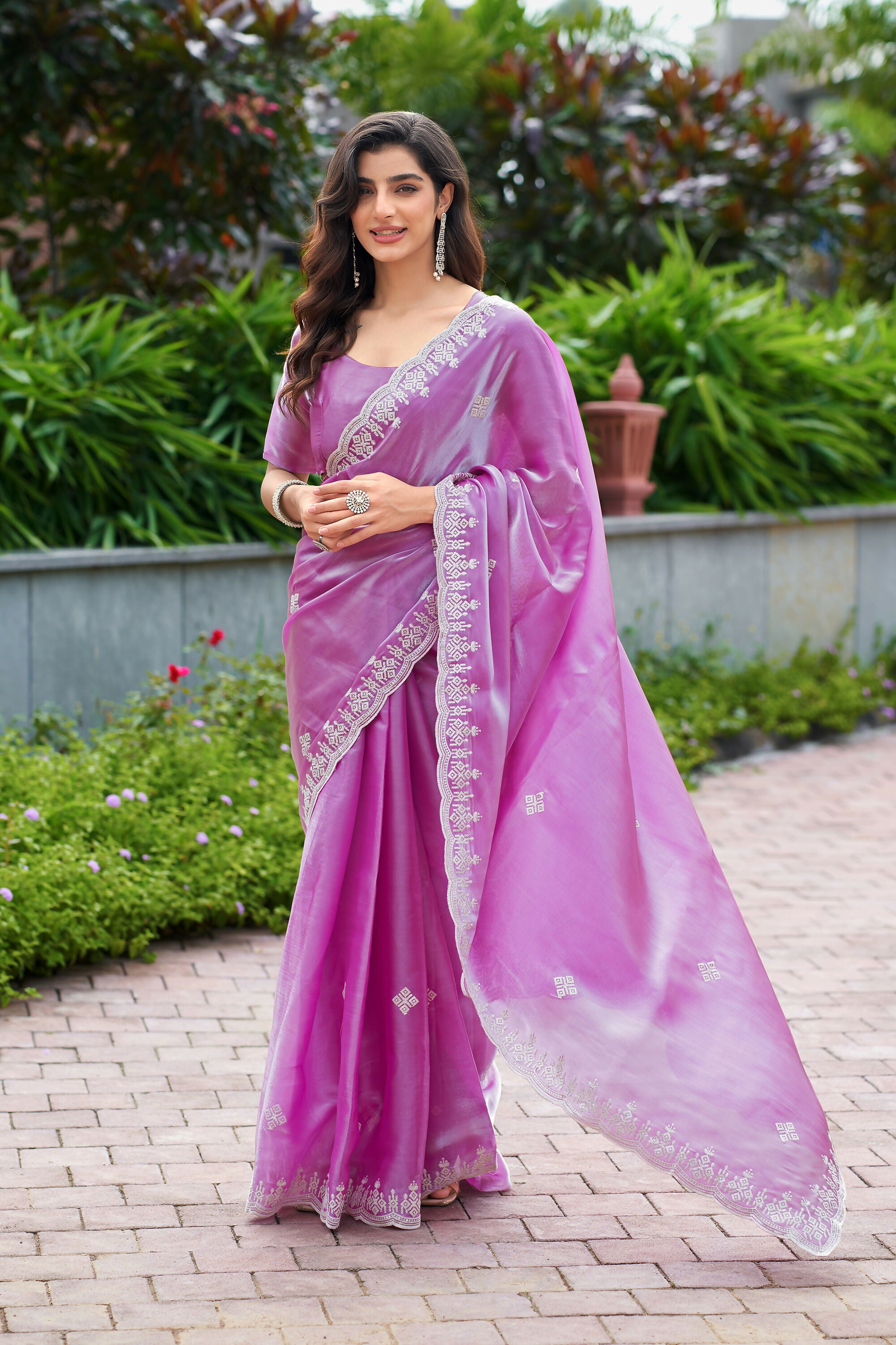 Vastranavya Light Pink Embroidery Work Shimmer Chiffon Saree with Unstitched Blouse