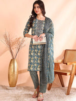 Thumbnail for Ode by House of Pataudi Printed Mirror Work Pure Cotton Kurta With Trousers & Dupatta - Distacart
