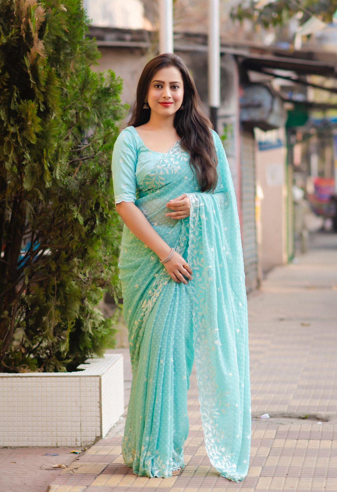 Sky Pure Chiffon Woven Design Saree with Unstitched Blouse - A2M - Distacart