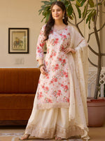 Thumbnail for The52 White Women's Gorgeous Embroidered Chinon Fabric Straight Kurta Palazzo and Dupatta Set - Distacart