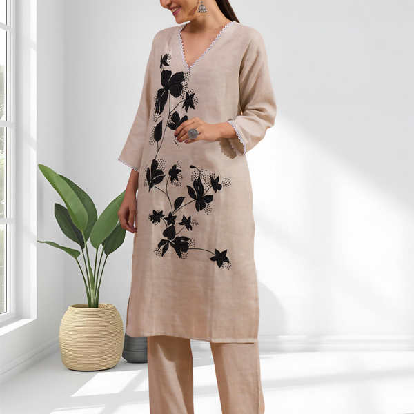 Joban Fashion Beige Linen Embroidered Readymade Long Kurta With Pant - Distacart