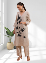 Thumbnail for Joban Fashion Beige Linen Embroidered Readymade Long Kurta With Pant - Distacart
