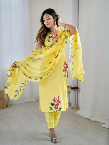 The52 Floral Women's Crepe Fabric Straight Kurta,Pant and Dupatta Set - Dista