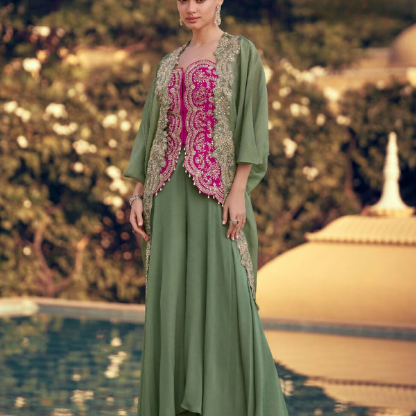 Anaita Mehendi Chinon Readymade Shrug Suit with Heavy Embroidery Work - Distacart