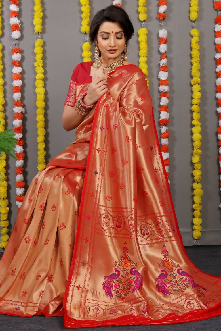 Jyoti Fashion Women's Red Paithani Silk Zari Woven Saree with Blouse - Distacart