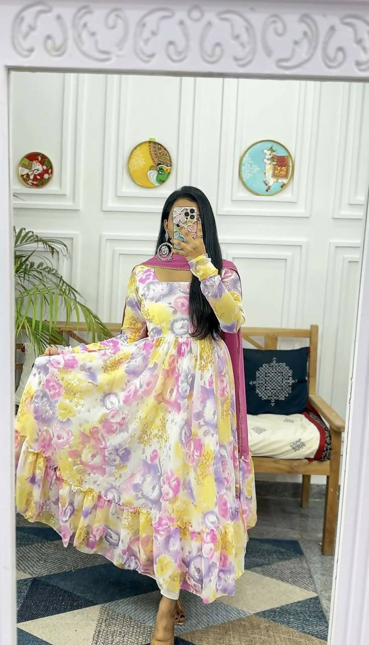 Preksha Creation Featuring Georgette Maxi Dress With Dupatta - Yellow - Distacart