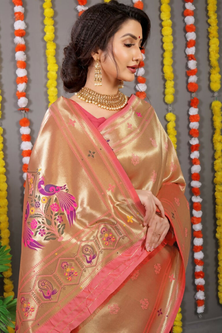 Jyoti Fashion Women's Peach Paithani Silk Zari Woven Saree with Blouse - Distacart