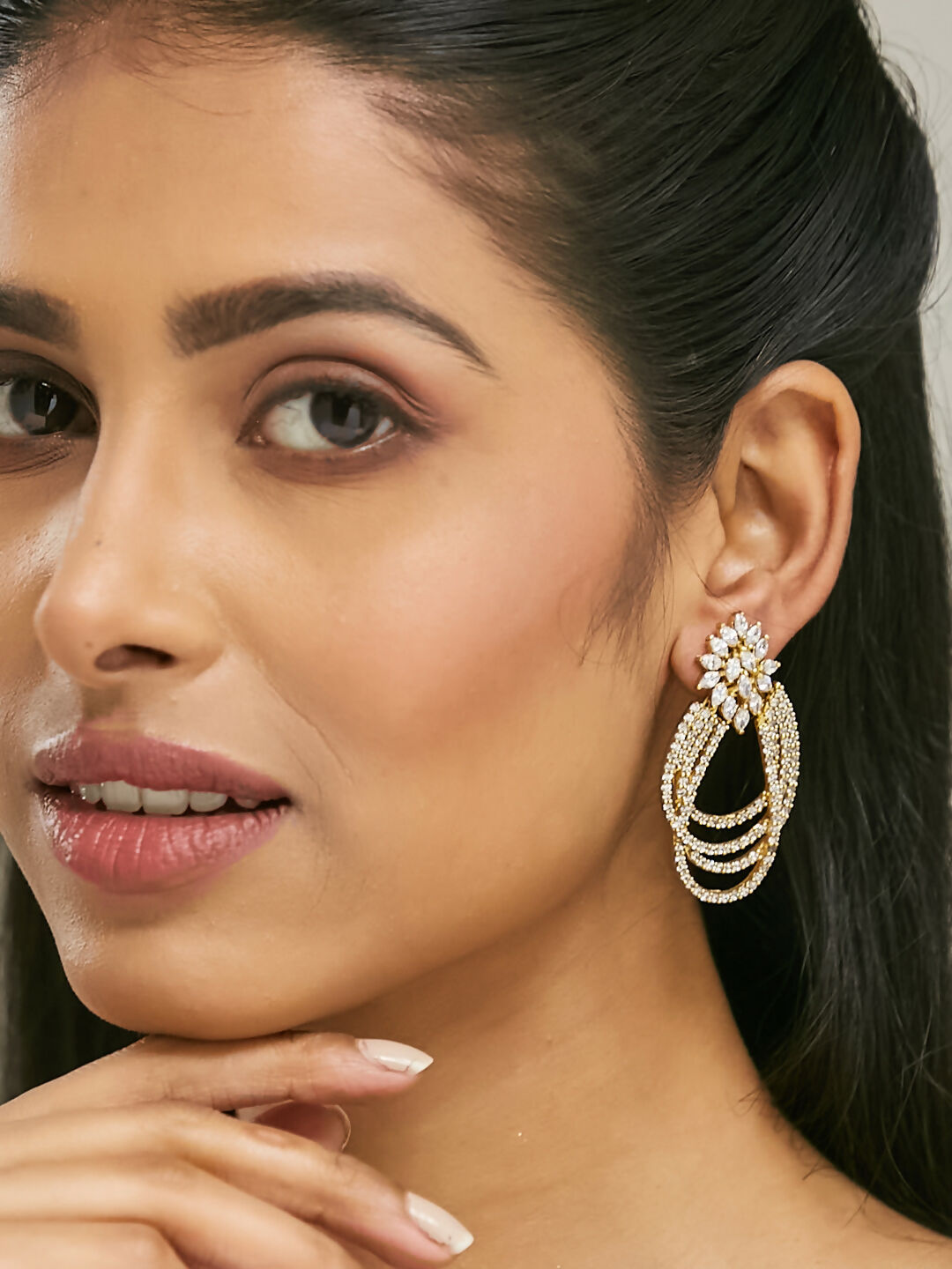 Nuyug 22K Gold-Plated Floral Motif Zircon Stone Studded Teardrop Shaped Elegant Drop Dangler Earrings