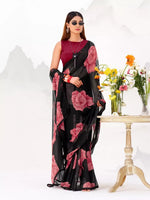 Thumbnail for Vastranavya Black Floral Print with Lace Border work Chiffon Saree & Unstitched Blouse - Distacart
