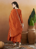 Thumbnail for The52 Orange Women's Beautiful Vichitra Silk Fabric Embroidered Work Flared Anarkali Pant and Dupatta Set - Distacart