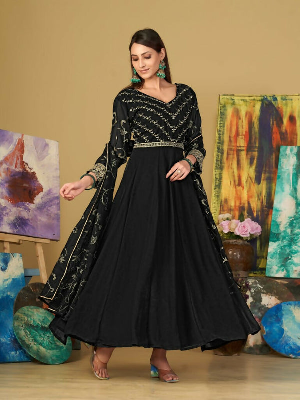 Jyoti Fashion Women's Black Georgette Embroidered Anarkali Kurta Pant Set With Dupatta - Distacart
