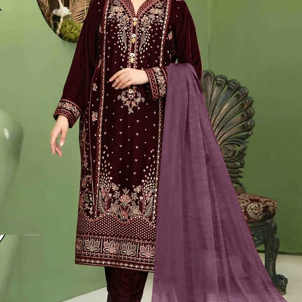 Anaita Purple Velvet Suit with Embroidery Sequence Work