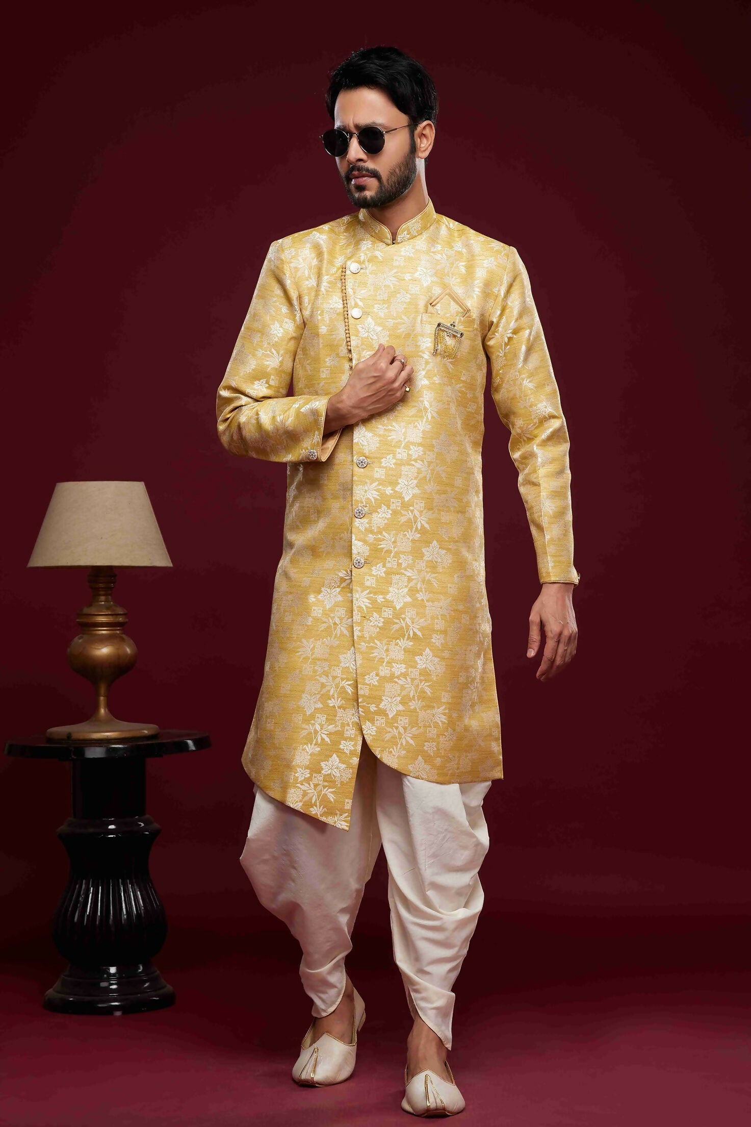 Raivat Ethnic Banarasi Jacquard Embroidery Semi Indo Western Sherwani In Cream Beige Colour
