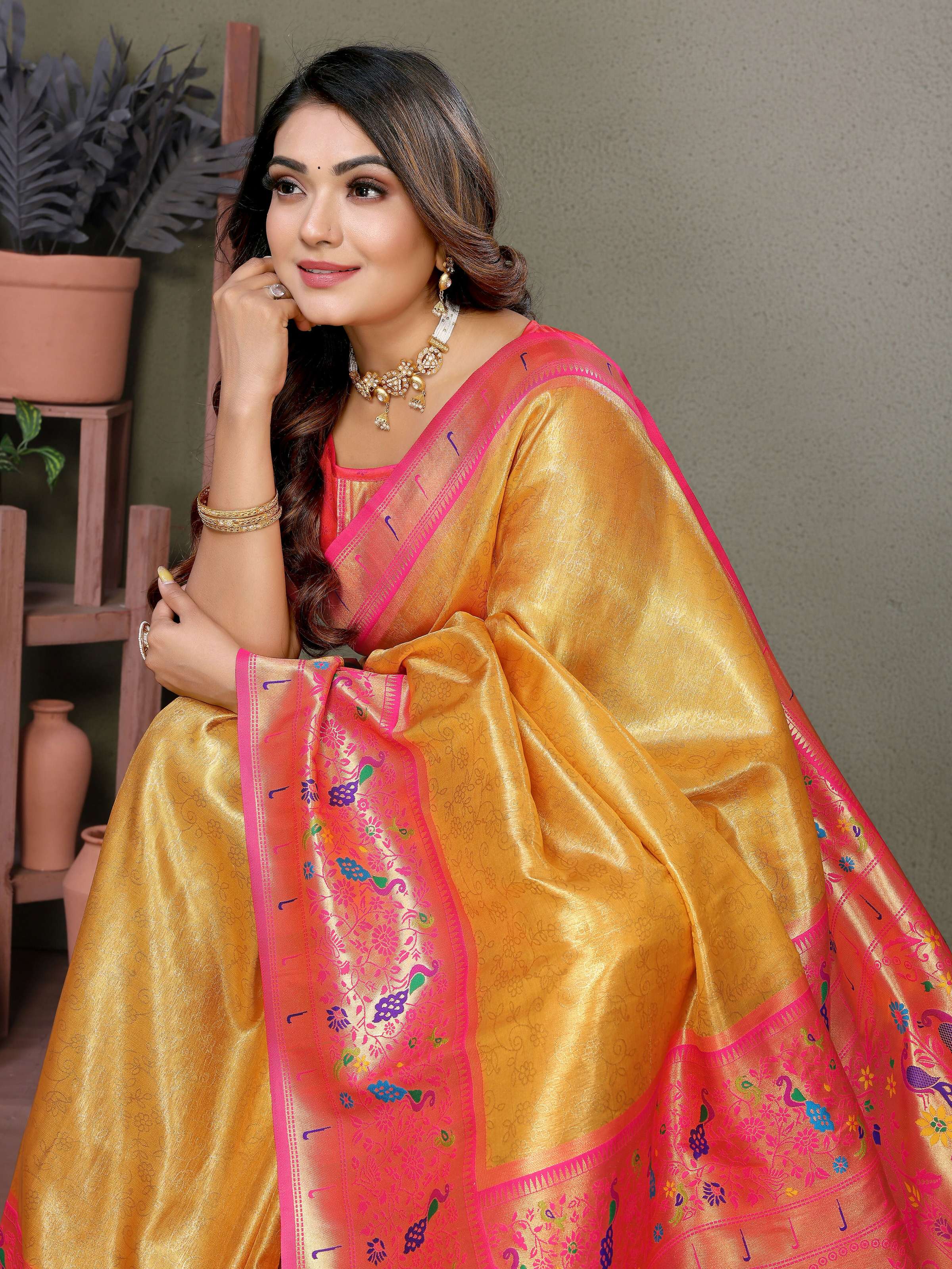 Aastha Fashion Yellow Tissue Silk Paithani Woven Saree - Distacart