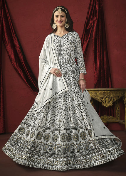 Stunning White Front & Back Embroidered Trendy Anarkali Suit - Emponline - Distacart
