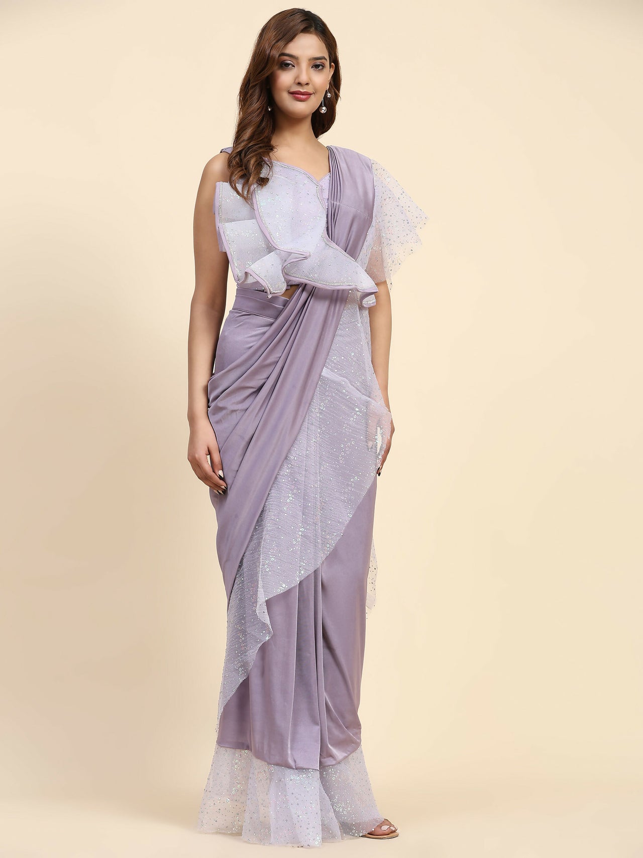 Light Purple Lycra Solid Ready to Wear Saree with stitched Blouse - Nita - Distacart