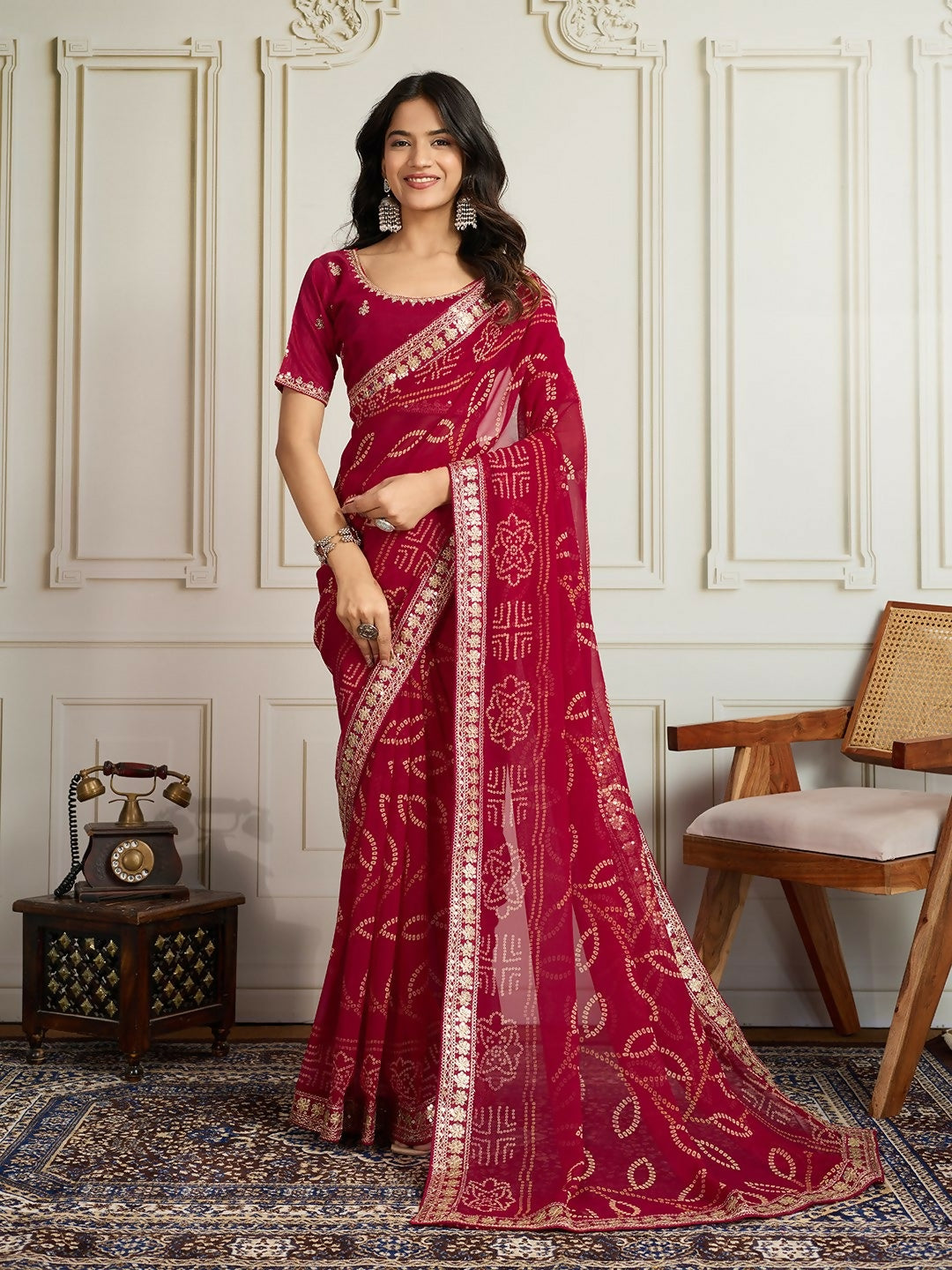 Ai Fashion Magenta Georgette Rajwadi Bandhani Print Party Wear Saree