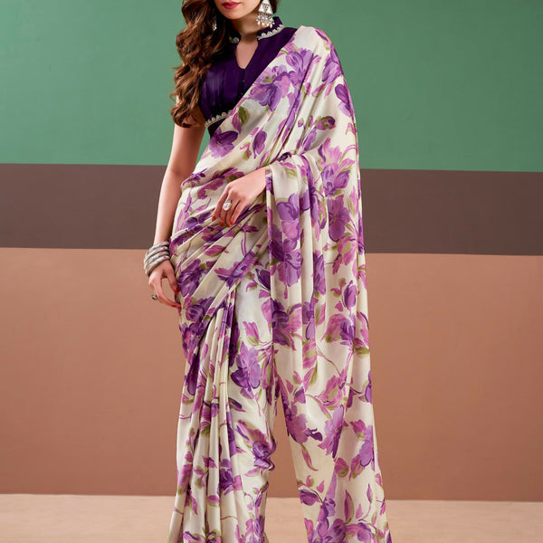 Vastranavya Purple Satin Silk Floral Printed Saree with Stitched Blouse - Distacart