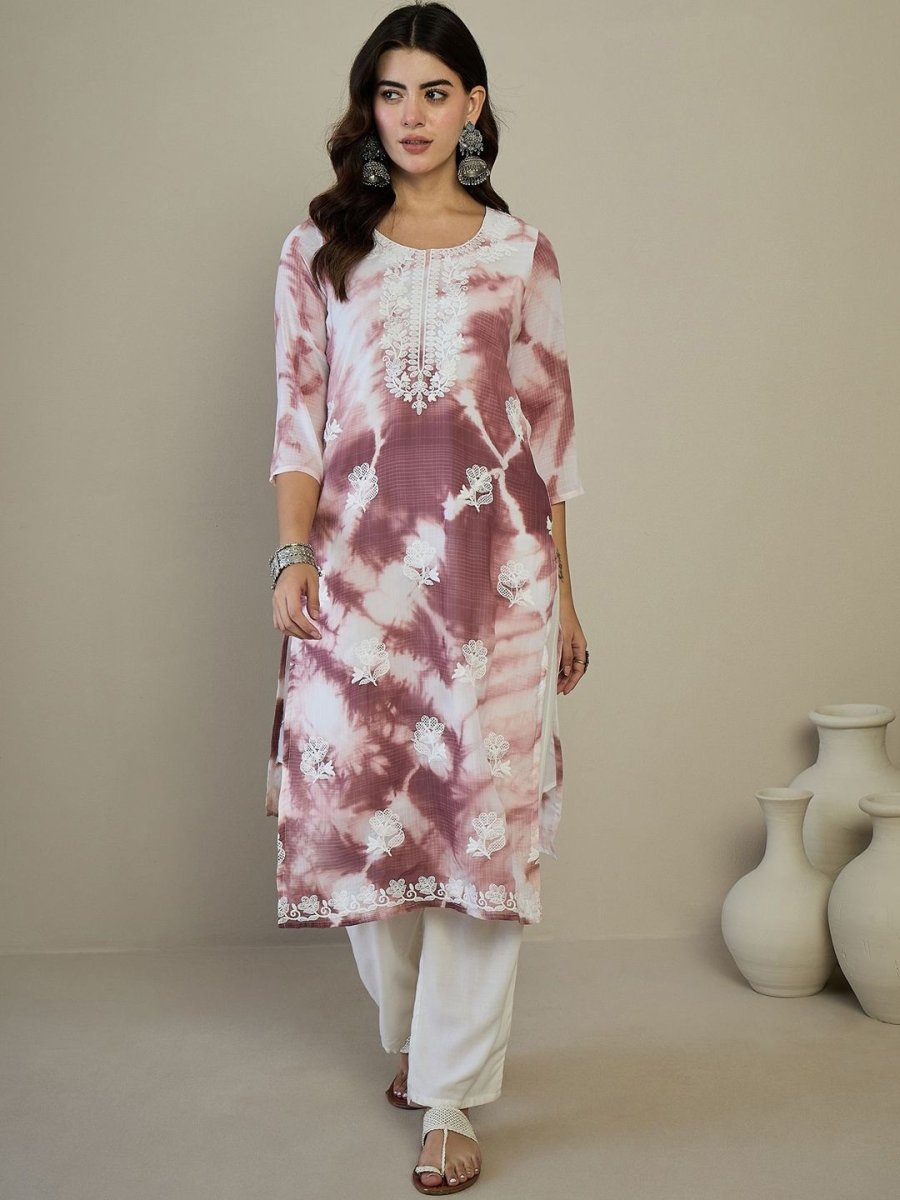 Anouk White & Purple Floral Embroidered Round Neck Straight Kurta - Distacart