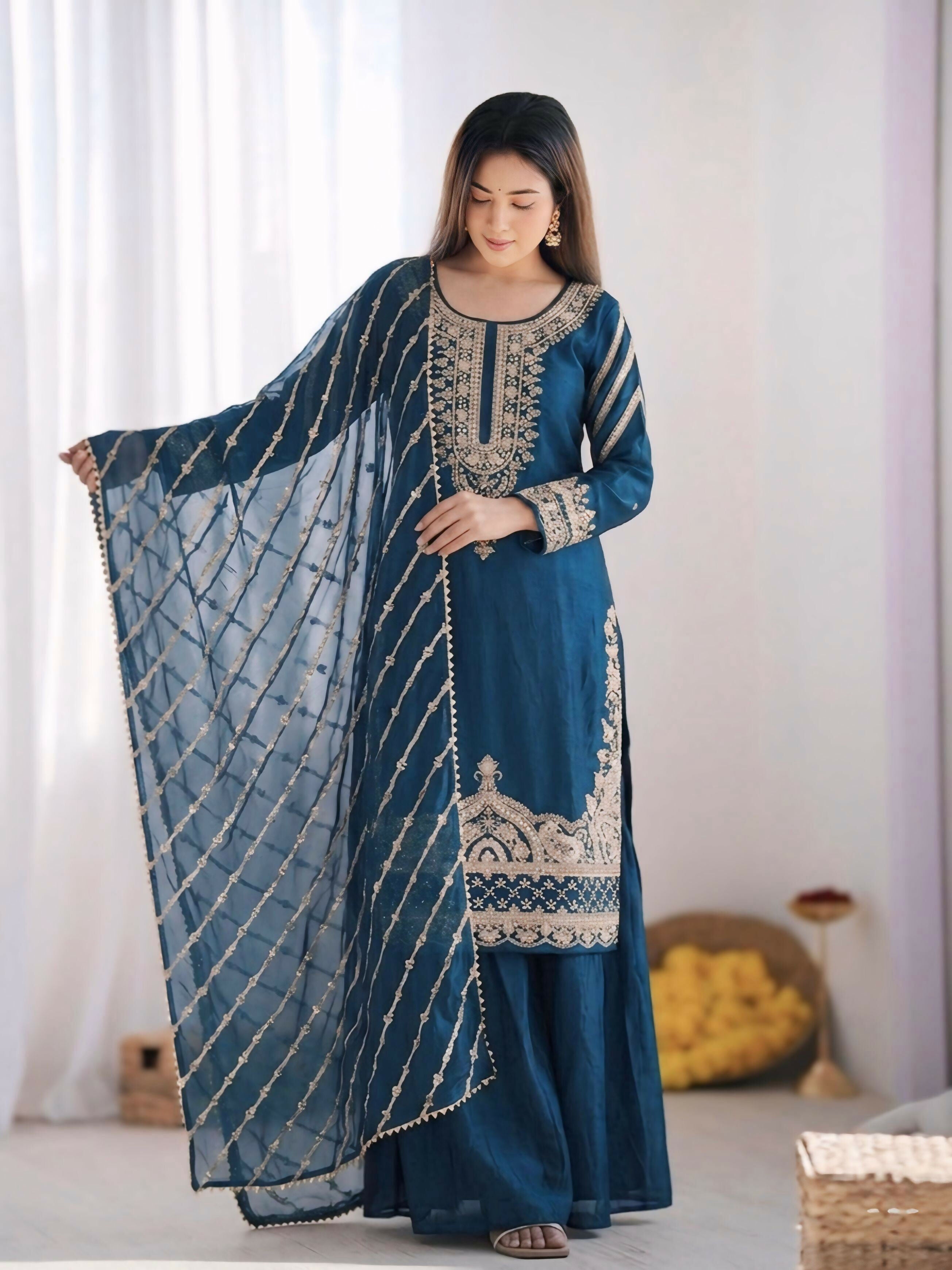 Teeya Creation New latest Trendy Embroidery Beads Work Kurta Sharara Set - Blue