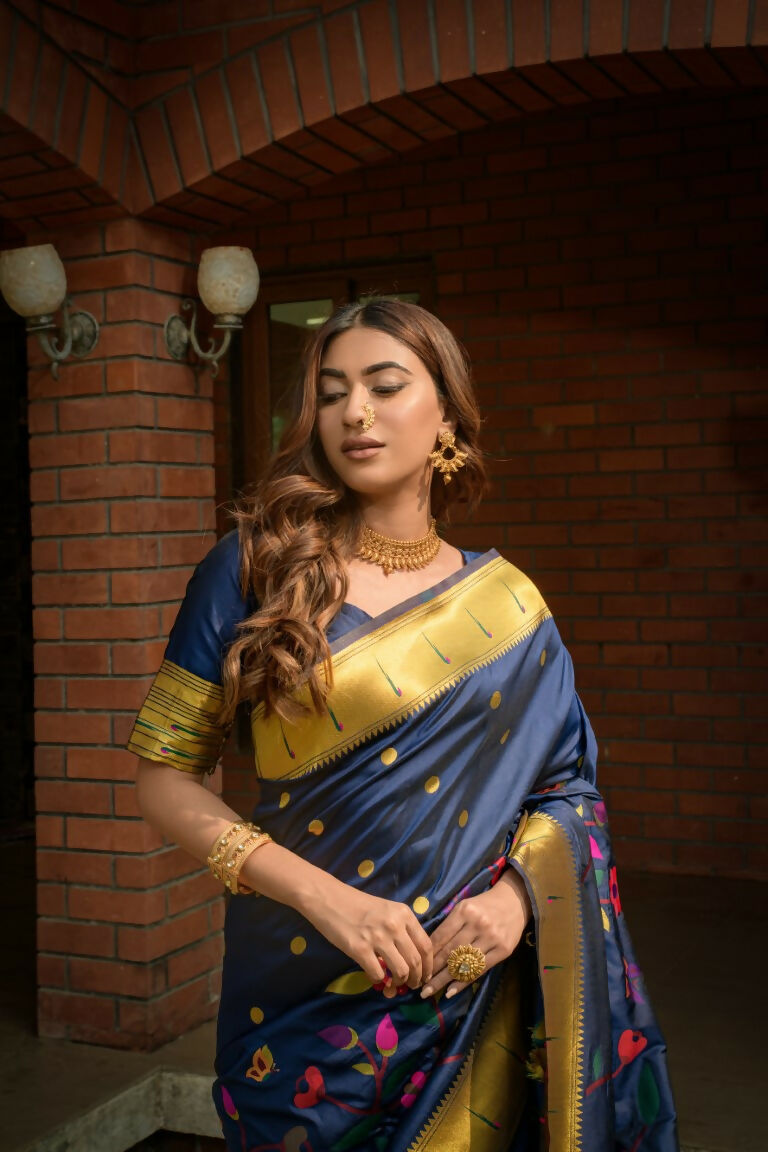 Jyoti Fashion Women's Navy Blue Paithani Silk Zari Woven Saree with Blouse - Distacart