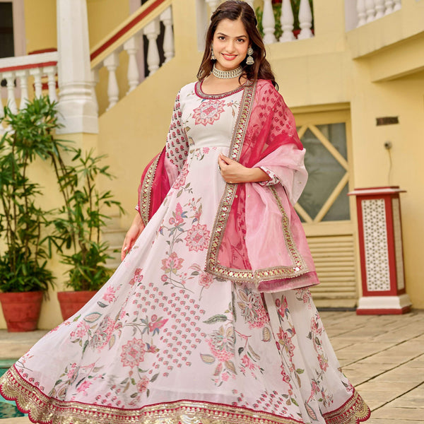 Joban Fashion Pink & White Georgette Embroidery Sequence Work Readymade Kurta Set - Distacart