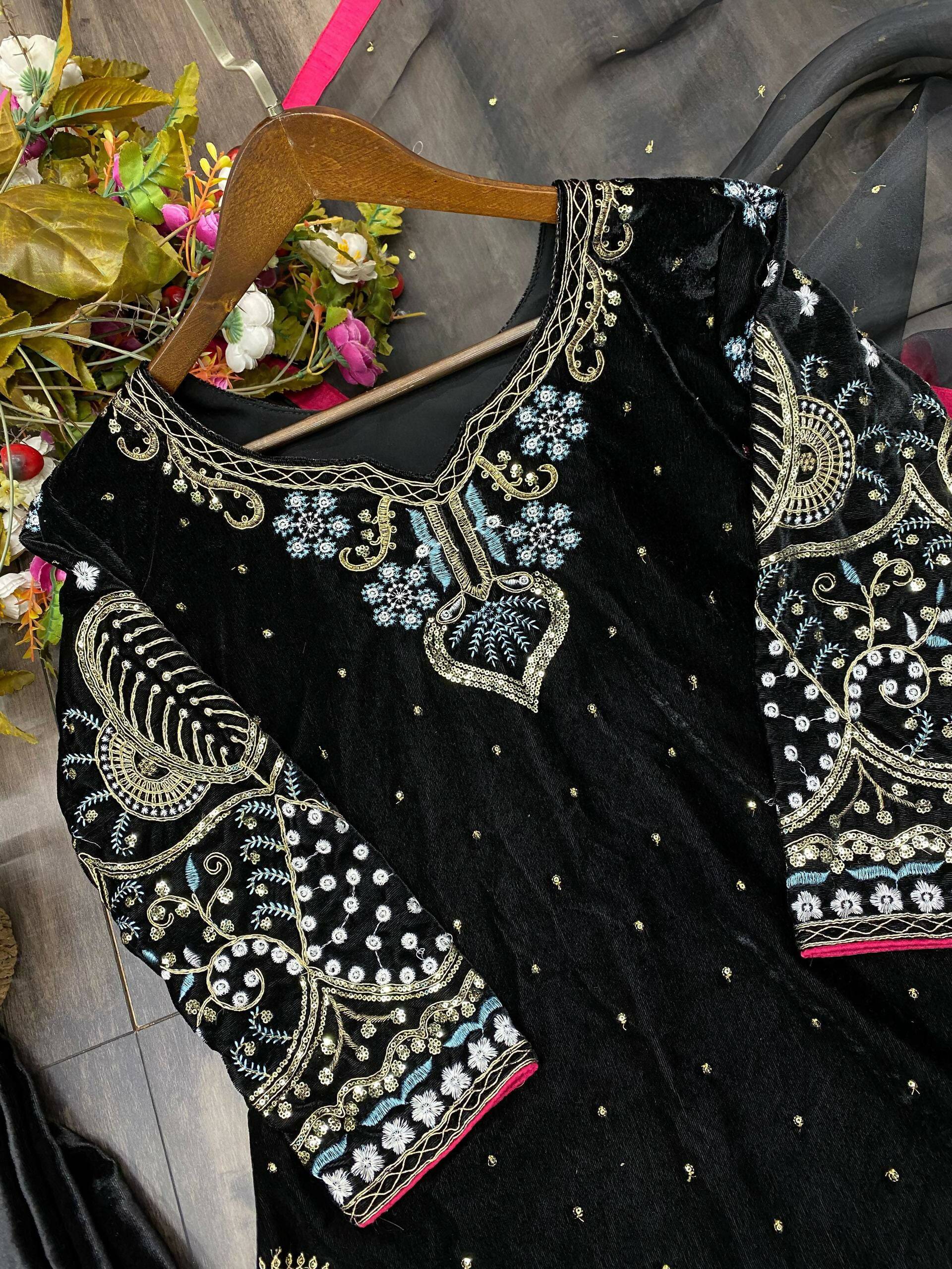 Vastranavya Black Viscose Velvet Cording Sequence Embroidery Work Suit With Dupatta