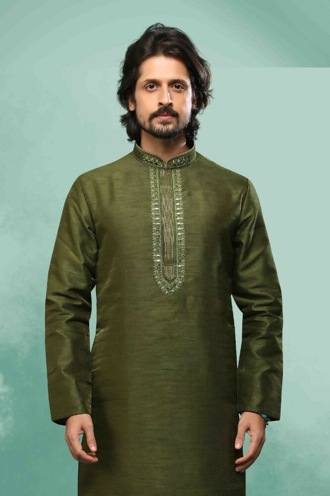 Raivat Ethnic Art Silk Mirror Embroidery Work Kurta Pajama In Green Colour - Dista