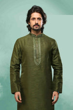 Thumbnail for Raivat Ethnic Art Silk Mirror Embroidery Work Kurta Pajama In Green Colour - Dista