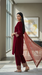 Thumbnail for Joban Fashion Maroon Kurta Set Velvet Embroidery Sequence Work - Distacart