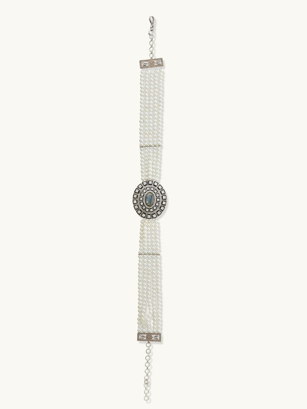 Nuyug Pearl Beaded Semi Precious Labradorite Stone & Enamelled Choker Necklace